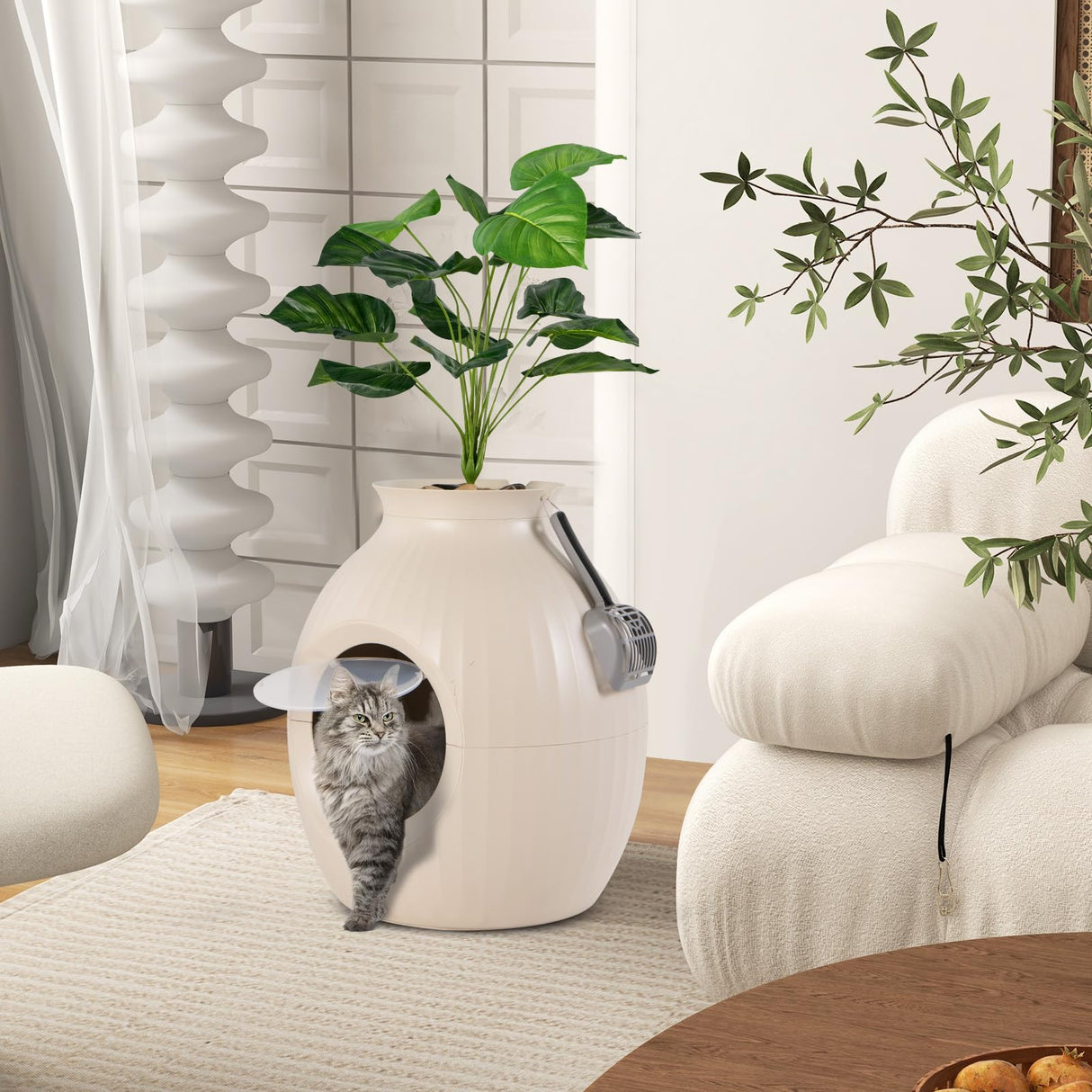 Tangkula Hidden Litter Box Plant, Cat Litter Box Enclosure Furniture with Odor Removal System, 4 Modes Lights, Artificial Plant, Pebbles, Door, Scoop, Planter Litter Box for Large Cats, Easy to Clean Tangkula