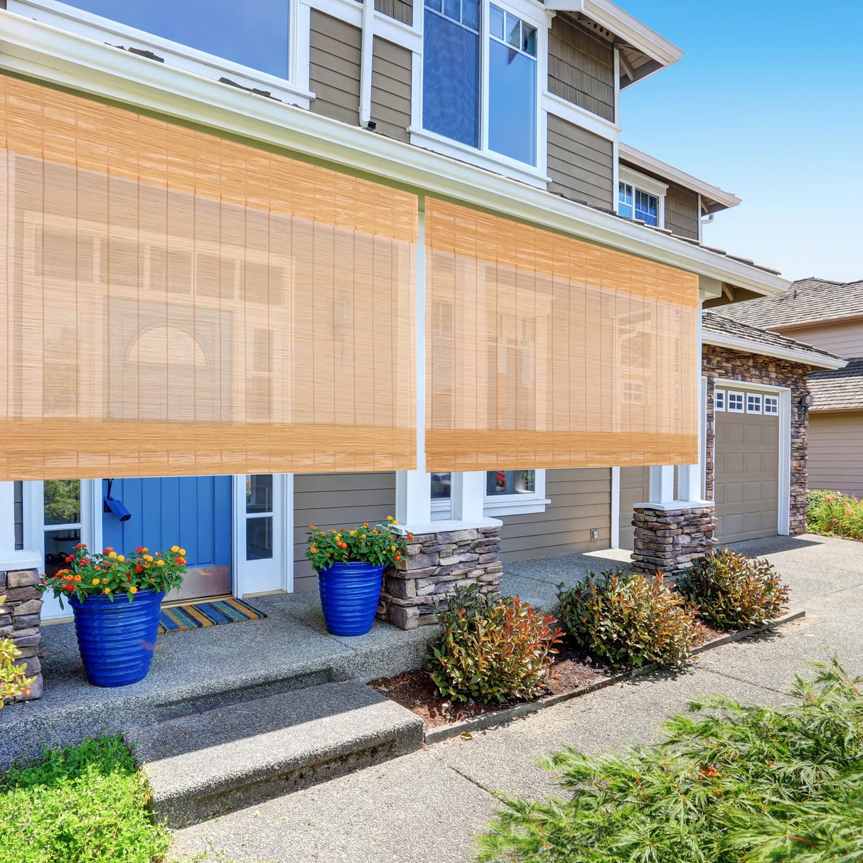 CHEFRU Cordless Bamboo Window Roman Shades, Almond, Indoor/Outdoor Privacy Cordless Wood Window Shades Blinds CHEFRU