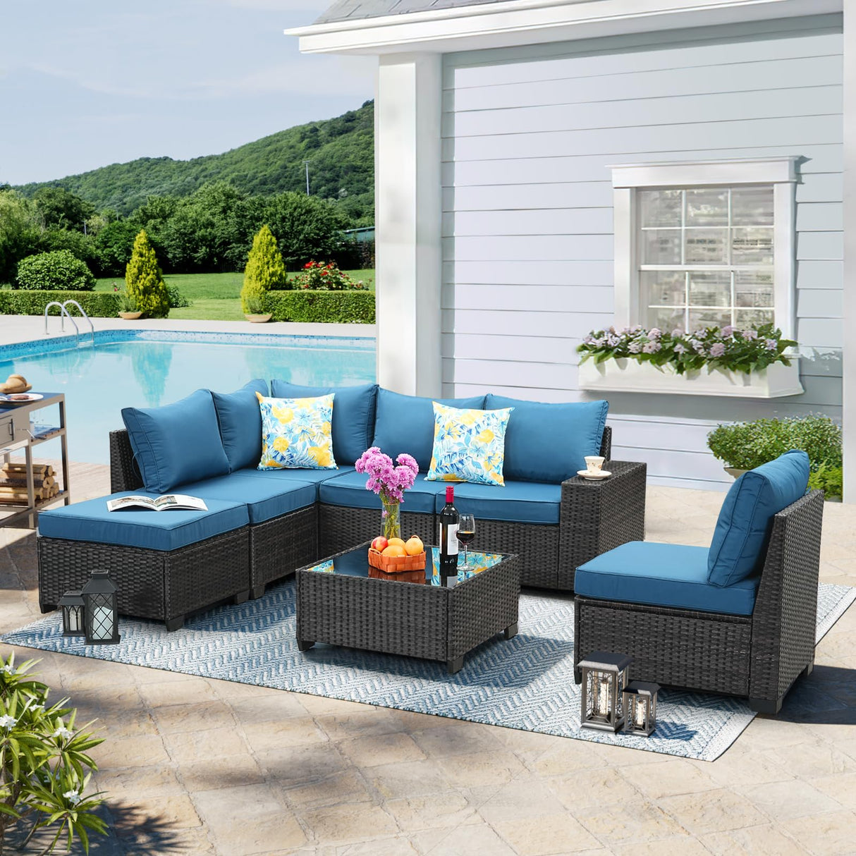TerraRelax Patio Furniture Set 7 Pieces All Weather Patio Conversation Sets Wicker PE Rattan Outdoor Sectional Couch Sofa Set with Cushion Ottoman Table for Garden, Backyard, Poolside Peacock Blue TerraRelax