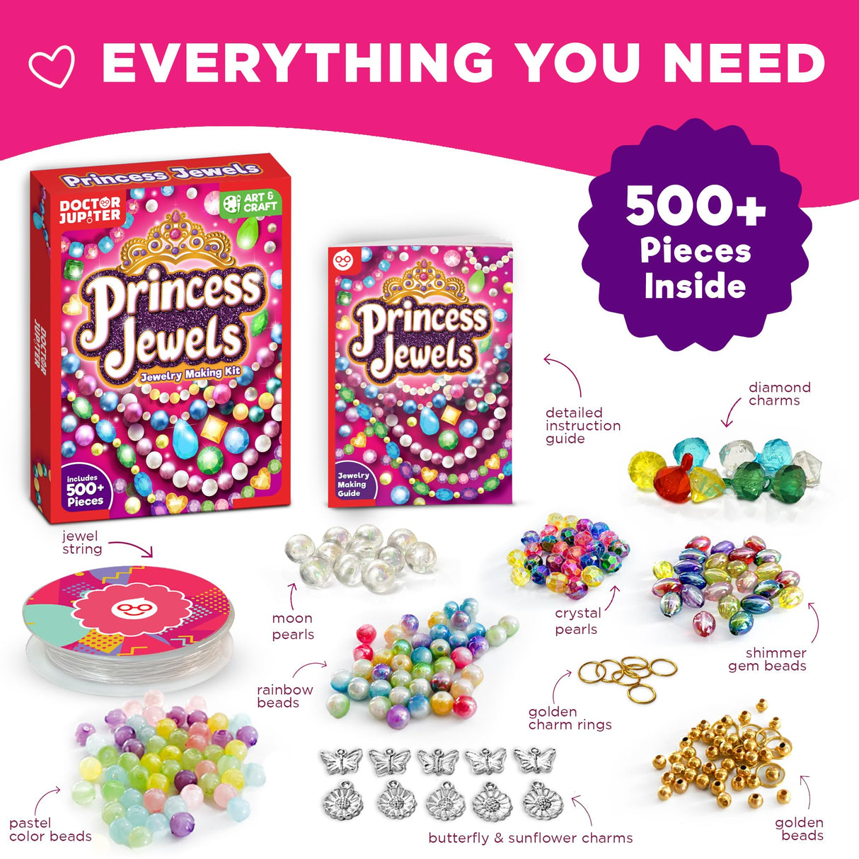 Doctor Jupiter Princess Toys Jewelry Making Kit for Kids Ages 6+ | Arts & Crafts for 6-12 Year Olds | Charm Bracelets, Necklace Making Kit for Girls | Birthday Gifts Doctor Jupiter