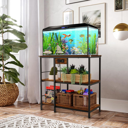 Snughome Fish Tank Stand with Charging Station, 10-29 Gallon Aquarium Stands 3-Tier, Adjustable Fish Tank Shelf for Home Heavy Duty Metal 33.07" x 16.53" x 32.67", Rustic Brown