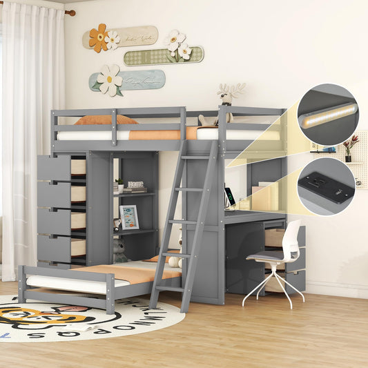 Twin Over Twin Bunk Bed with Desk, USB Ports, LED Light, Storage Drawers & Bookcase - Grey - WoodArtSupply