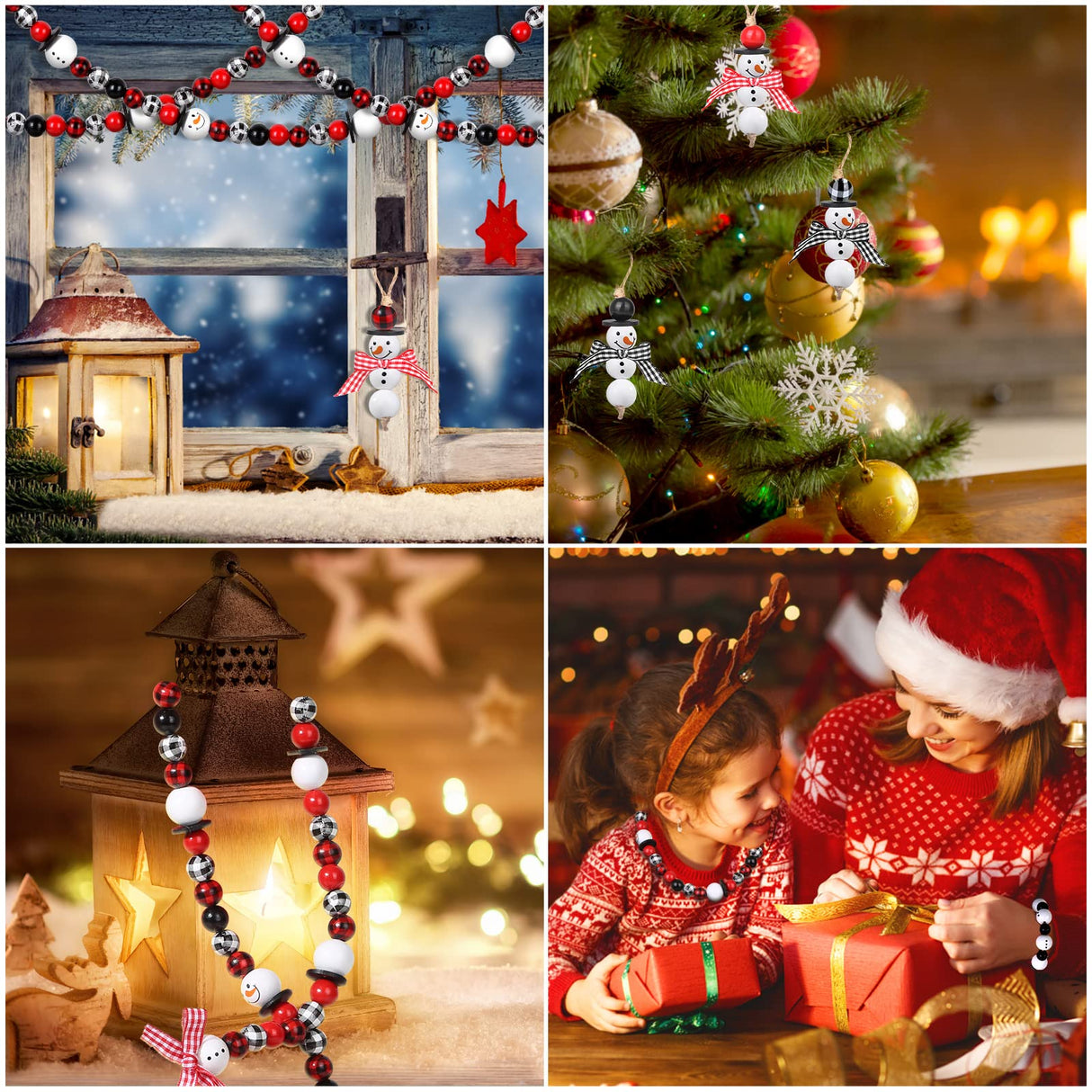 200 Pieces Christmas Wooden Beads for Craft Christmas Buffalo Plaid Round Craft Beads Farmhouse Loose Polished Spacer Beads Winter Snowman Beads with Twine Scarf Wood Beads for DIY Jewelry Décor Lucomb