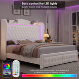 Keyluv 55" Tall Velvet Upholstered King Bed Frame with LED Lights and 2 Storage Drawers Keyluv