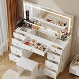 VOWNER Vanity with Lighted Mirror - 47" Glass Top Makeup Vanity Desk with 9 Drawers and Power Outlet, 3 Color Lighting Modes Adjustable Brightness, Makeup Desk with Cushioned Stool for Bedroom, White VOWNER