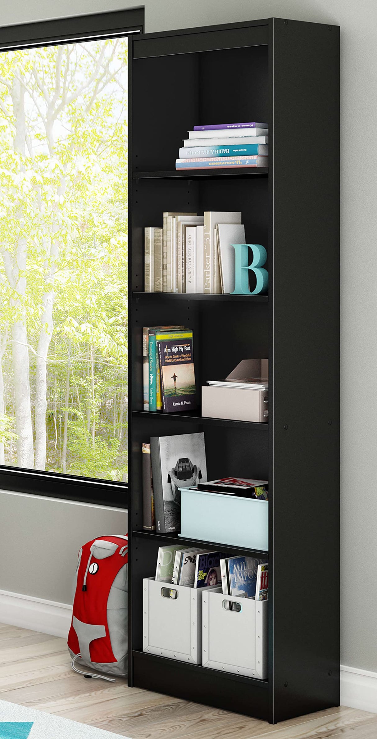 South Shore Axess 5-Shelf Narrow Bookcase, Pure Black, 7270758 South Shore