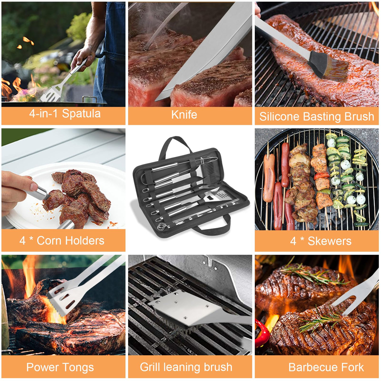Anpro Grill Kit, Grill Set, Grilling Utensil Set, Grilling Accessories, BBQ Accessories, BBQ Kit, BBQ Grill Tools,Smoker, Camping, Kitchen, Stainless Steel, 21 Pcs,Grilling Gifts for Fathers Day Anpro