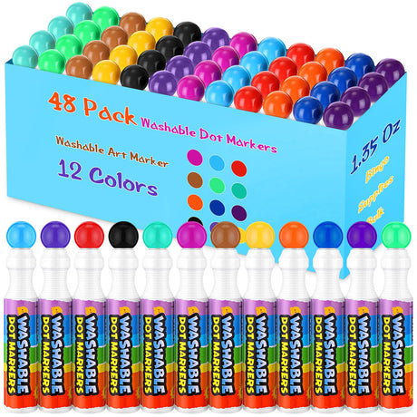 Crtiin 48 Pack Washable Dot Markers for Toddler Kids Preschool 1.35 Oz Bingo Supplies Bulk Washable Art Marker 12 Colors, Kid Painting Drawing Coloring Supplies, Paint Craft Kit Preschool Learning Crtiin