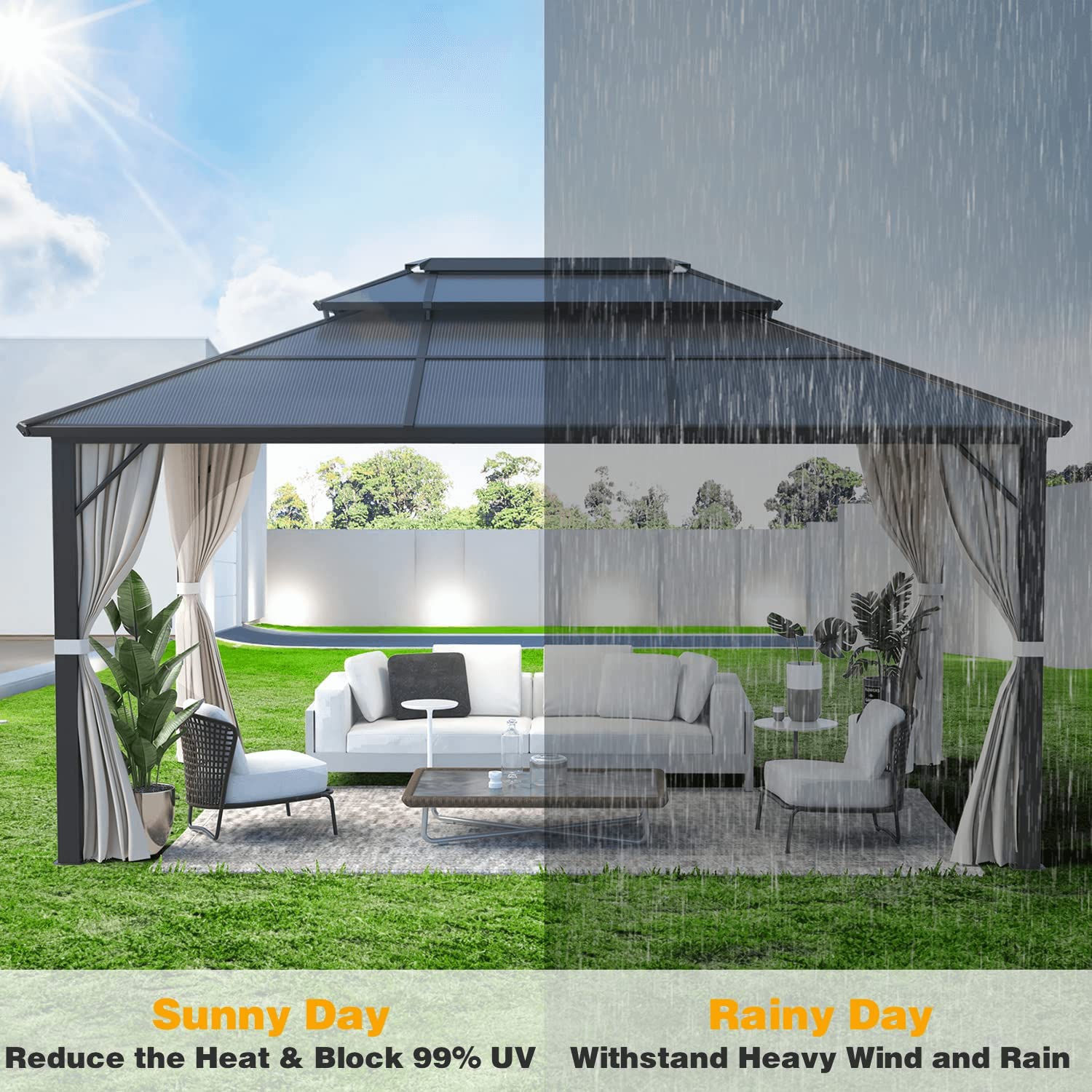 MELLCOM 12x16ft Outdoor Polycarbonate Double Hardtop Roof Gazebo, Aluminum Furniture Gazebo Canopy with Netting and Curtains for Garden, Patio, Lawns, Party and Deck - WoodArtSupply