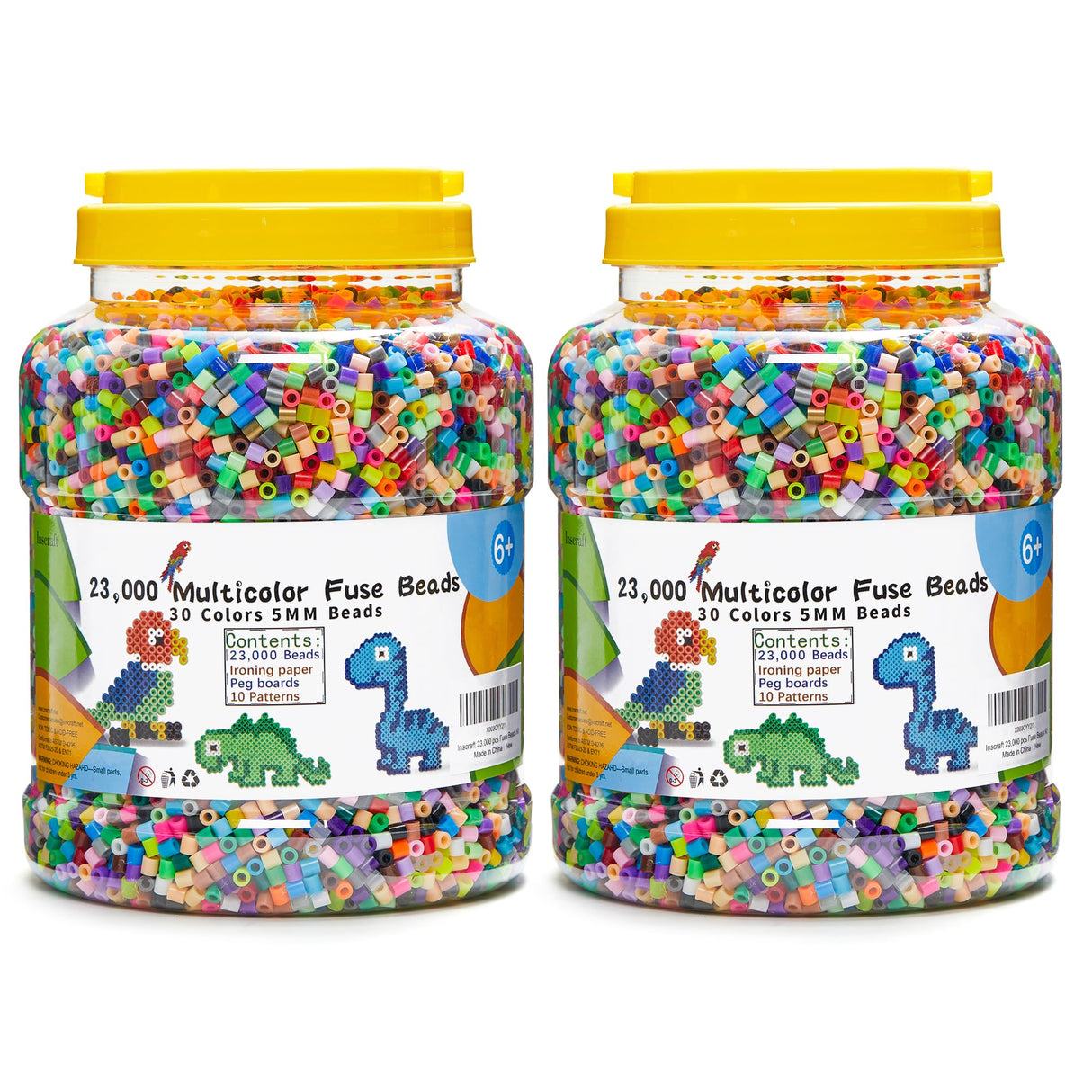 INSCRAFT 2 Buckets of Fuse Beads, 46,000 pcs 5mm Iron Beads for Kids Crafts, 30 Colors with 6 Pegboards, 10 Ironing Paper, 20 Patterns, Gifts for Birthday Christmas, Multicolor Refill Kit INSCRAFT