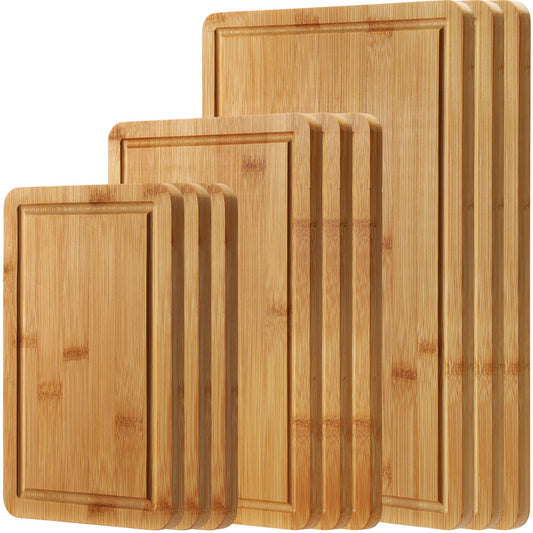 Ziliny 9 Pcs Thick Kitchen Bamboo Cutting Boards 3 Sizes with Juice Slots and Handles Heavy Duty Butchering Blocks Easy to Maintain Meat Vegetables Vegetable Gadget Gifts