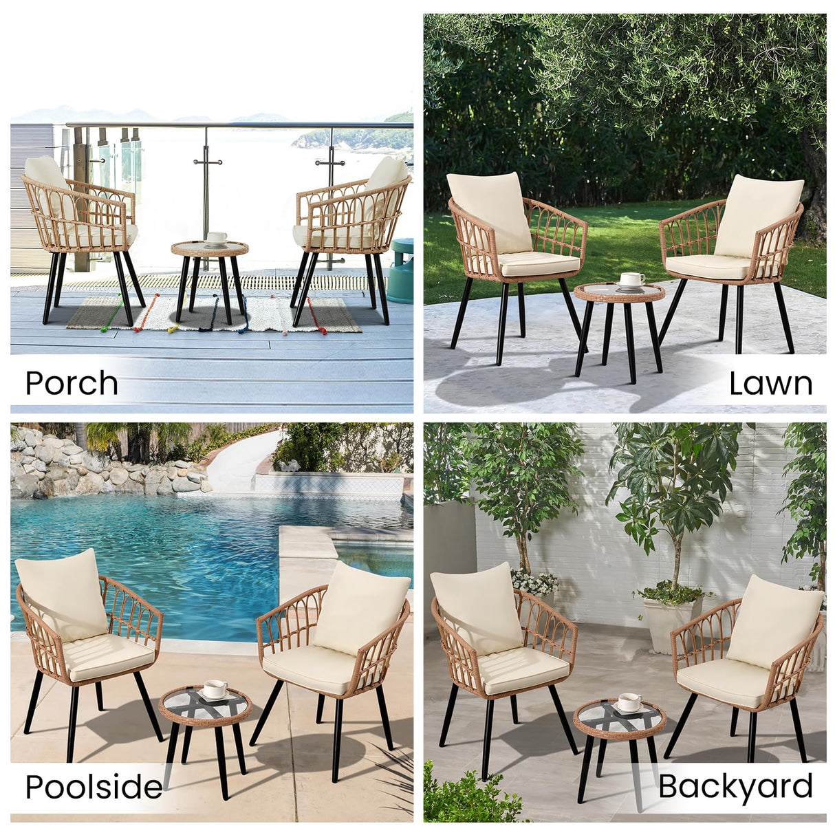 IJIALIFE 3 Pieces Patio Bistro Set, Outdoor Wicker Table and Chairs Set of 2, Rattan Balcony Furniture Set with Cushions for Front Porch Apartment Backyard Deck,Beige IJIALIFE