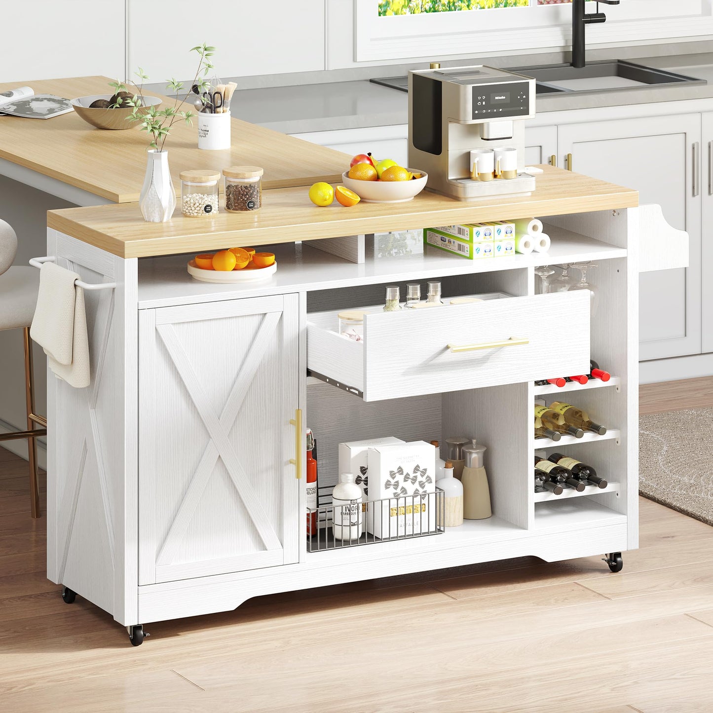 YITAHOME 53 Inch Mobile Kitchen Island with Power Outlet, Wine Rack, and Spice Storage in White & Oak