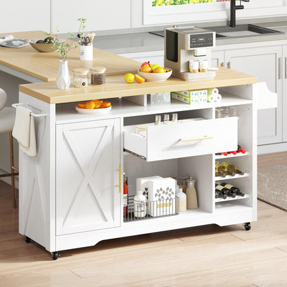 YITAHOME 53 Inch Mobile Kitchen Island with Power Outlet, Wine Rack, and Spice Storage in White & Oak