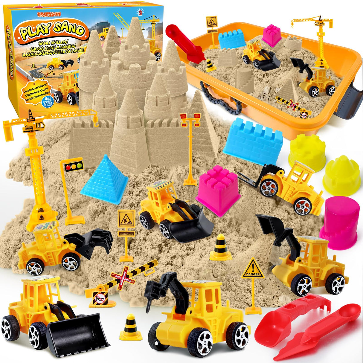 ESSENSON Construction Sensory Bin - Play Sand Kit with Toy Truck and 4lbs Magic Sand, Pretend Play Beach Sensory Toy Sandbox, Kids Gifts for Girls and Boys ESSENSON