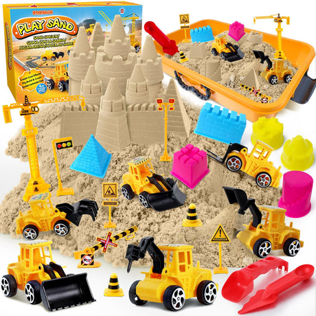 ESSENSON Construction Sensory Bin - Play Sand Kit with Toy Truck and 4lbs Magic Sand, Pretend Play Beach Sensory Toy Sandbox, Kids Gifts for Girls and Boys ESSENSON