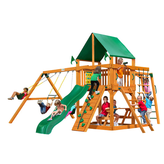 Gorilla Playsets 01-0020-AP-1 Navigator Wooden Swing Set with Deluxe Green Vinyl Canopy, Monkey Bars, Swings, and Slide, Brown - WoodArtSupply