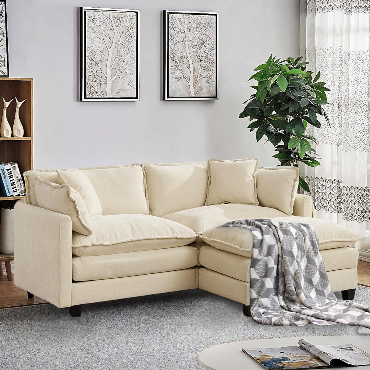 SoarFlash 71.6" Chenille Sectional Sofa, Comfy L Shaped Modular Coush Sofa with Ottoman, Modern 2 Seat Couch Deep Seat Sofa Set for Living Room,Beige SoarFlash