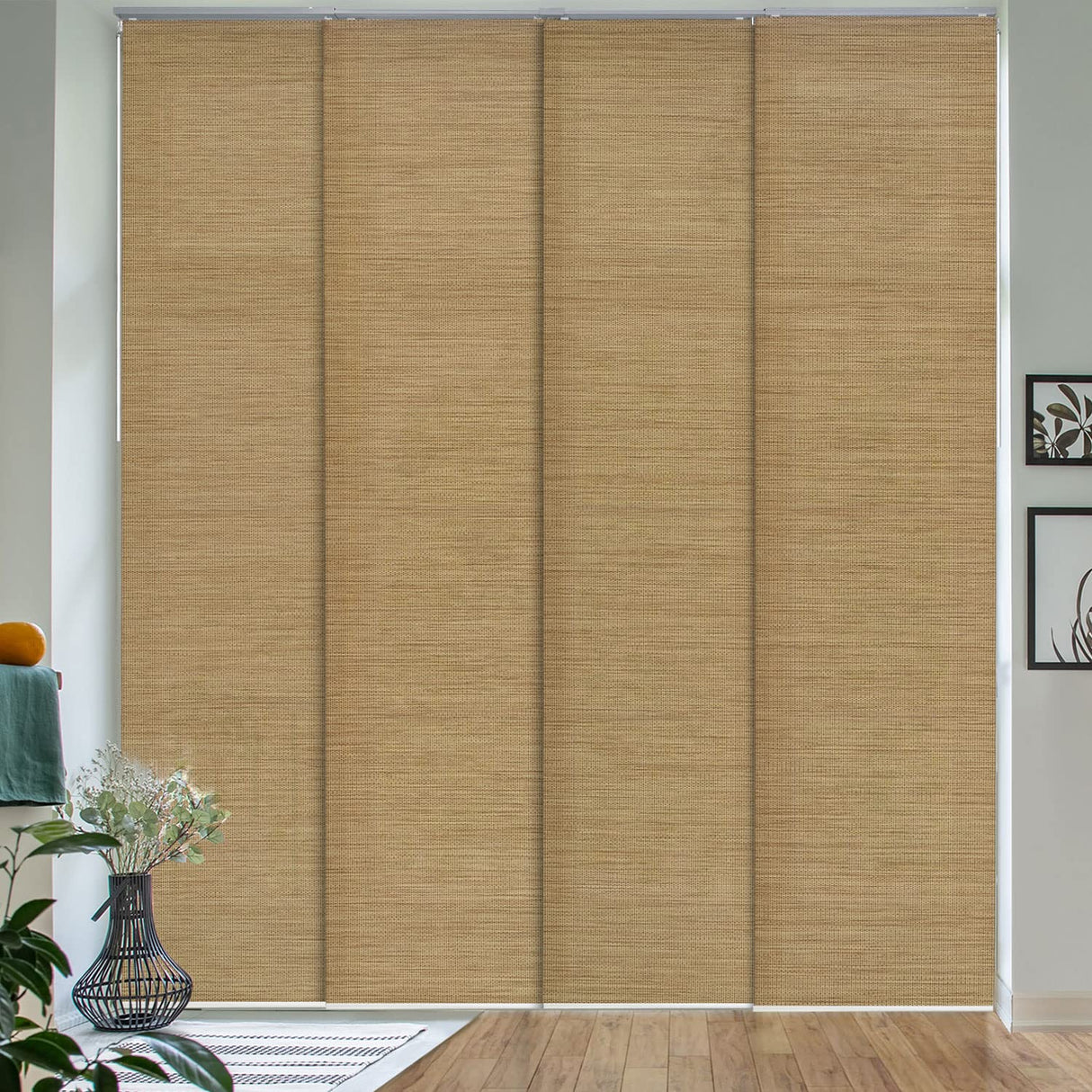 GoDear Design Adjustable Vertical Blinds, 45.8"-86" W, Up to 96" H, Extendable Panel Track for Sliding Closet Doors, Trimmable Woven Panel Curtains, Pecan GoDear Design