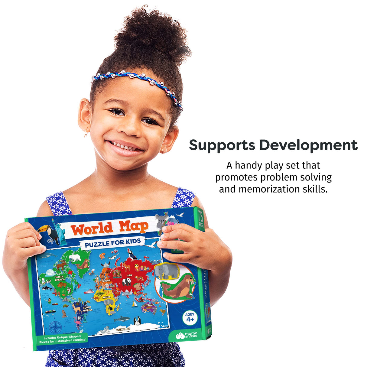 World Map Puzzle for Kids - 75 Piece - World Puzzles with Continents - Childrens Jigsaw Geography Puzzles for Kids Ages 4-8, 5, 6, 7, 8-10 Year Olds - Globe Atlas Puzzle Maps Momo & Nashi