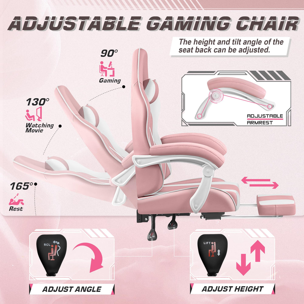 Shahoo Gaming Chair with Footrest and Massage Lumbar Support, Video Racing Seat Height Adjustable with 360°Swivel and Headrest for Office or Bedroom, Pink Shahoo