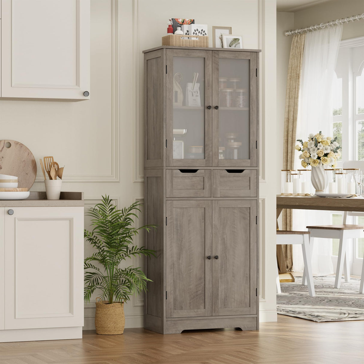 HOSTACK 64" Modern Ash Grey Storage Cabinet with Glass Doors and Drawers HOSTACK