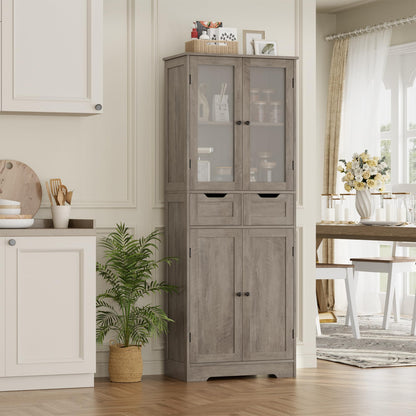 HOSTACK 64" Storage Cabinet, Tall Kitchen Pantry Cabinet, Modern Bathroom Storage Cabinet with Shelves | Drawers and Glass Doors, Free Standing Linen Cabinet Cupboard for Dining Room, Ash Grey