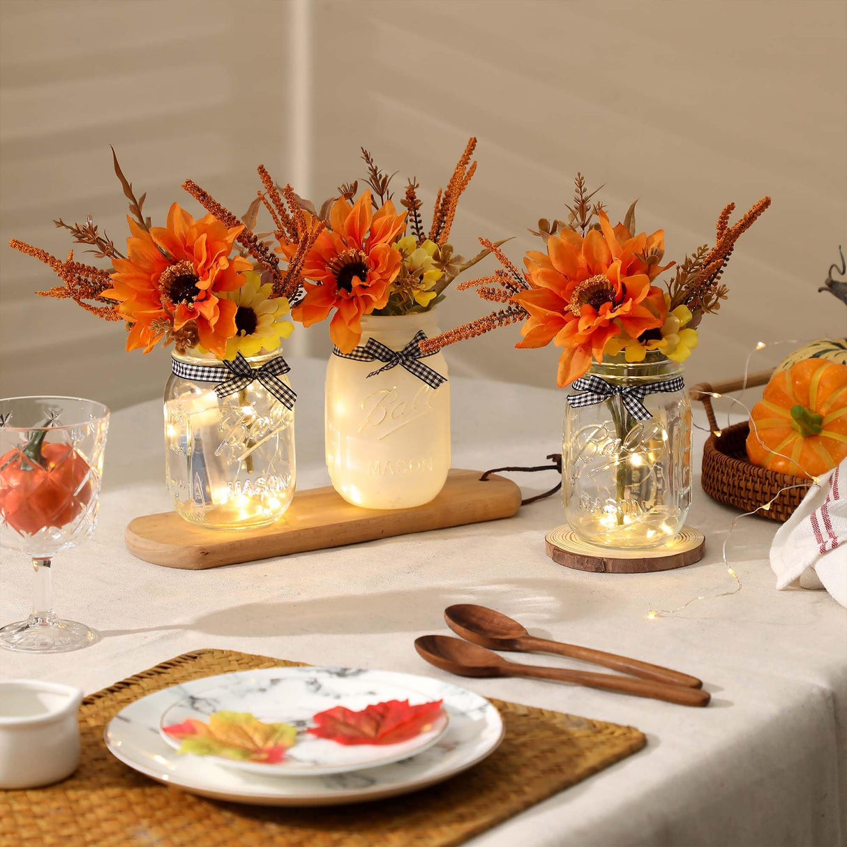 Thanksgiving Mason Jar Centerpiece for Table with LED Lights & Artificial Flowers, Set of 3 Mason Jars Farmhouse Painted Decorative Jars for Fall Home Decor Kitchen Table Centerpiece SUPREME LIGHTS ·2017·