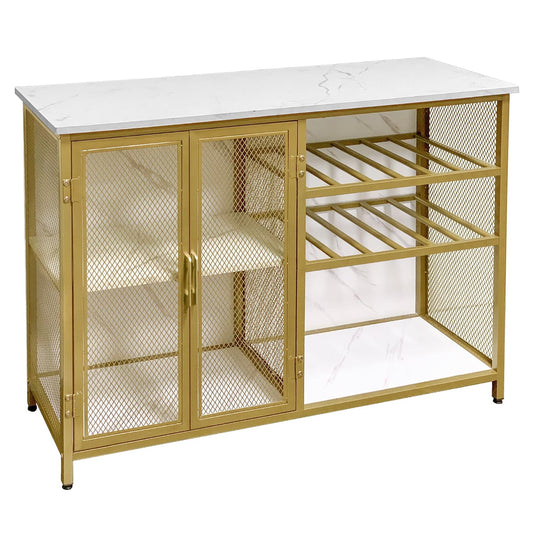 AT-VALY Bar Cabinets with Wine Rack and Glass Rack,Small Sideboard and Buffet Cabinet with Mesh Doors (Gold)