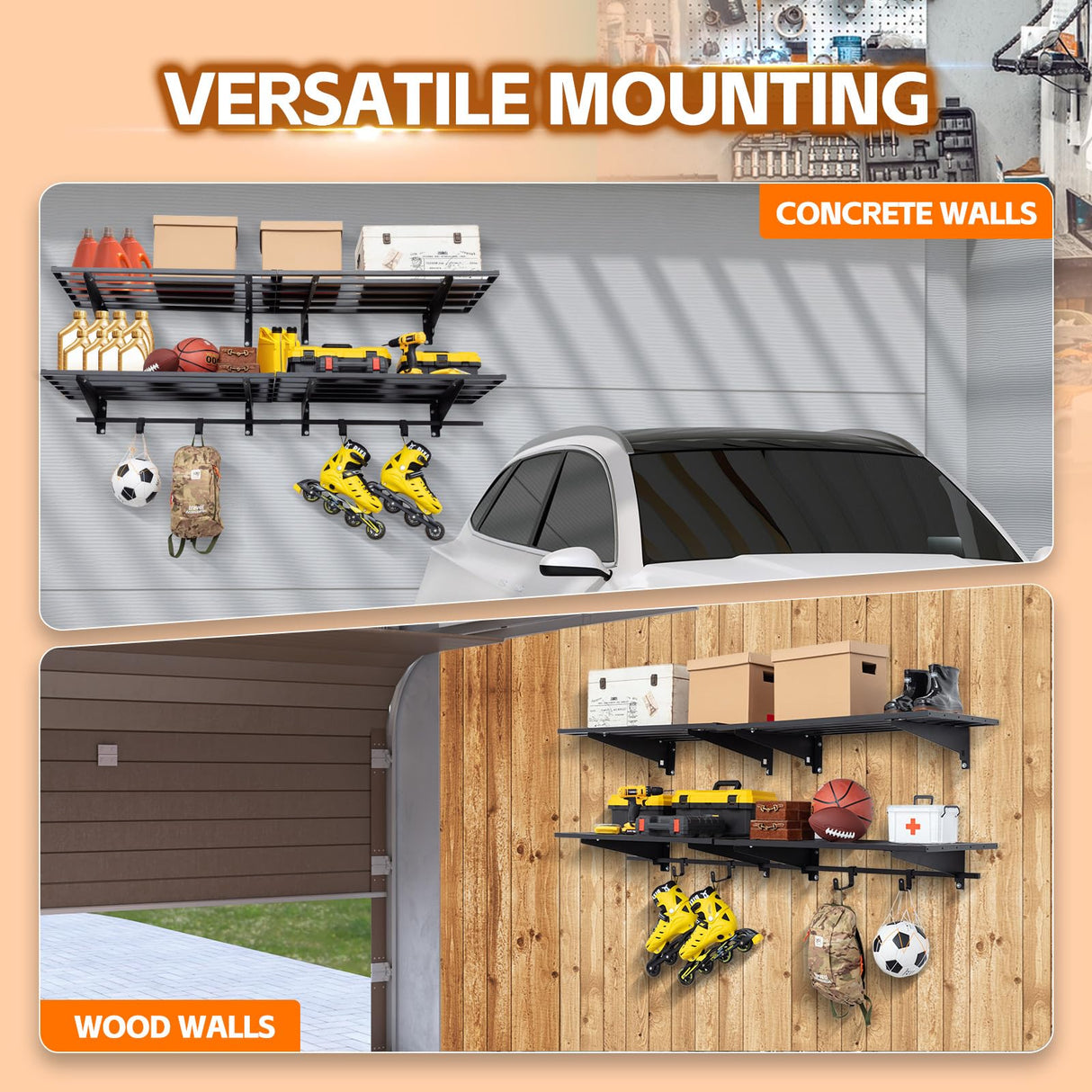 WAREYEASY Garage Wall Shelving with Hooks,2-Pack 1.64 x 6ft Garage Storage Rack,Loads 1050 lbs 20-inch-by-72-inch Heavy Duty Metal Wall Shelf,20” x 72” Garage Wall Shelves,Black WAREYEASY