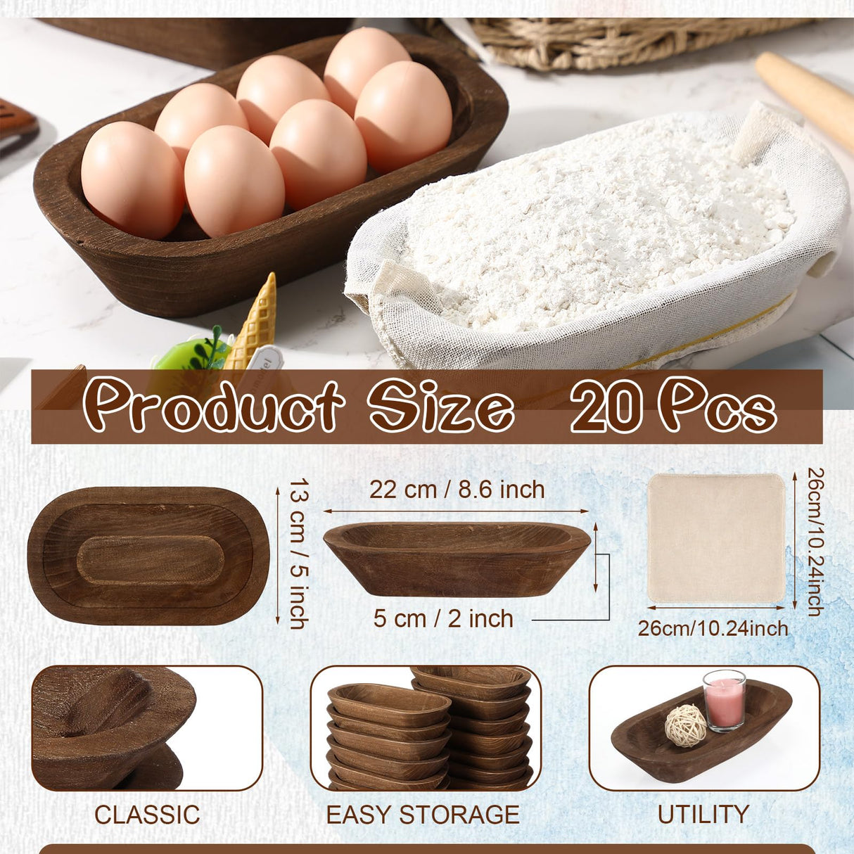 Nuogo 20 Pcs Wooden Dough Bowls Bulk 8.6 Inch Rustic Vintage Hand Carved Wood Dough Bowls Dining for DIY Home Crafts Making Farmhouse Fruits Supplies Nuogo