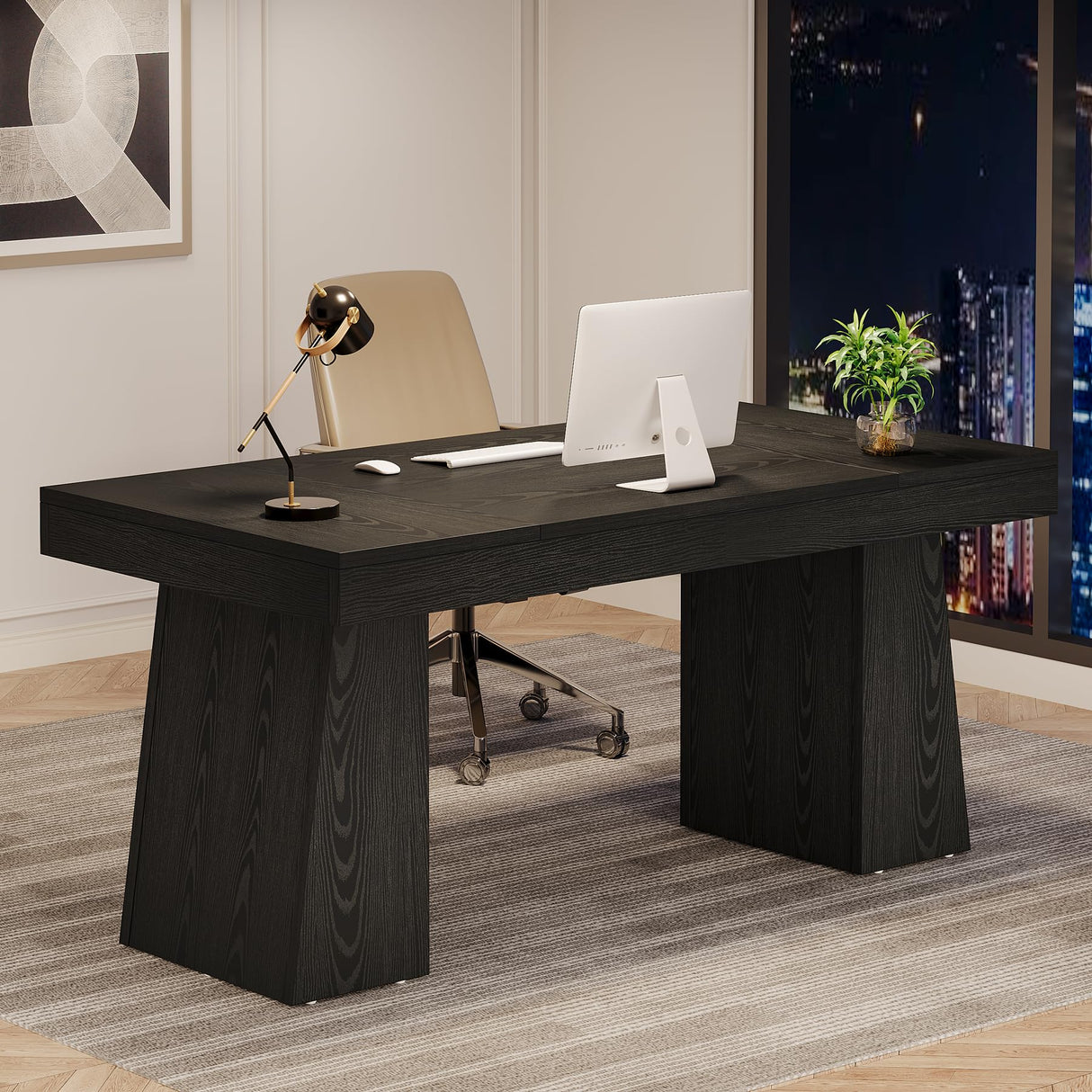Tribesigns 55 Inches Executive Desk, Mid-Century Modern Home Office Desk with Double Trapezoid Base, Wood Computer Desk Business Workstation Desk Small Conference Table, Black Tribesigns