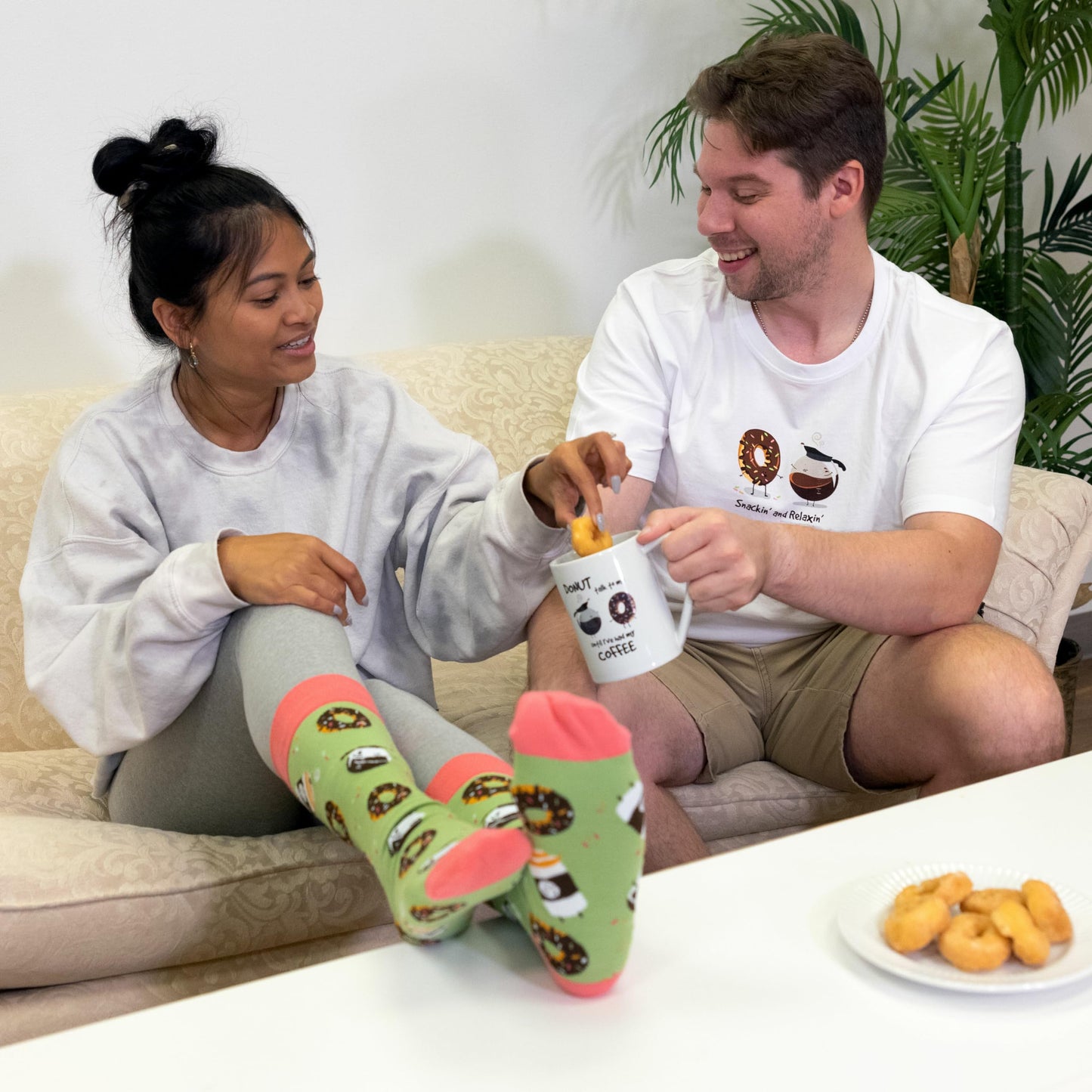 Pavilion Gift Company - Donut Talk To Me Until I've Had My Coffee - Pink & Green Novelty Crew Socks & 18 oz Mug Long Distance Relationship Gift Girlfriend Wife Present