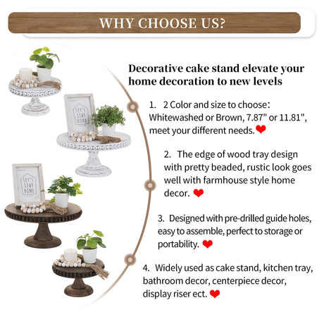 Hanobe Round Wood Cake Stand: Cupcake Pedestal Stand 12 inch Dessert Display Riser Distressed Rustic Cakes Holder Tray Vintage Beads Wooden Plate for Wedding Birthday Decor Hanobe