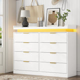 UNIQUITE 8 Drawer Dresser for Bedroom, White Dresser with LED Lights and Power Outlet, Wooden Dressers Chests of Drawers, Double Wide Dressers for Bedroom, Living Room, Hallway UNIQUITE