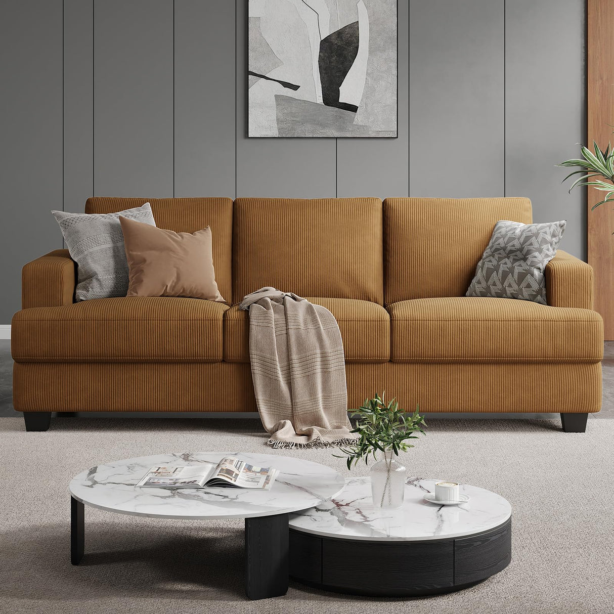 COPIAE 89 Inch Sofa with Extra Deep Seats Oversize, 3 Seater Sofa for Living Room, Modern Couch and Sofa, Comfy Armrests and Seats and Backrests, Easy Installation, Corduroy Fabric Ginger Yellow COPIAE