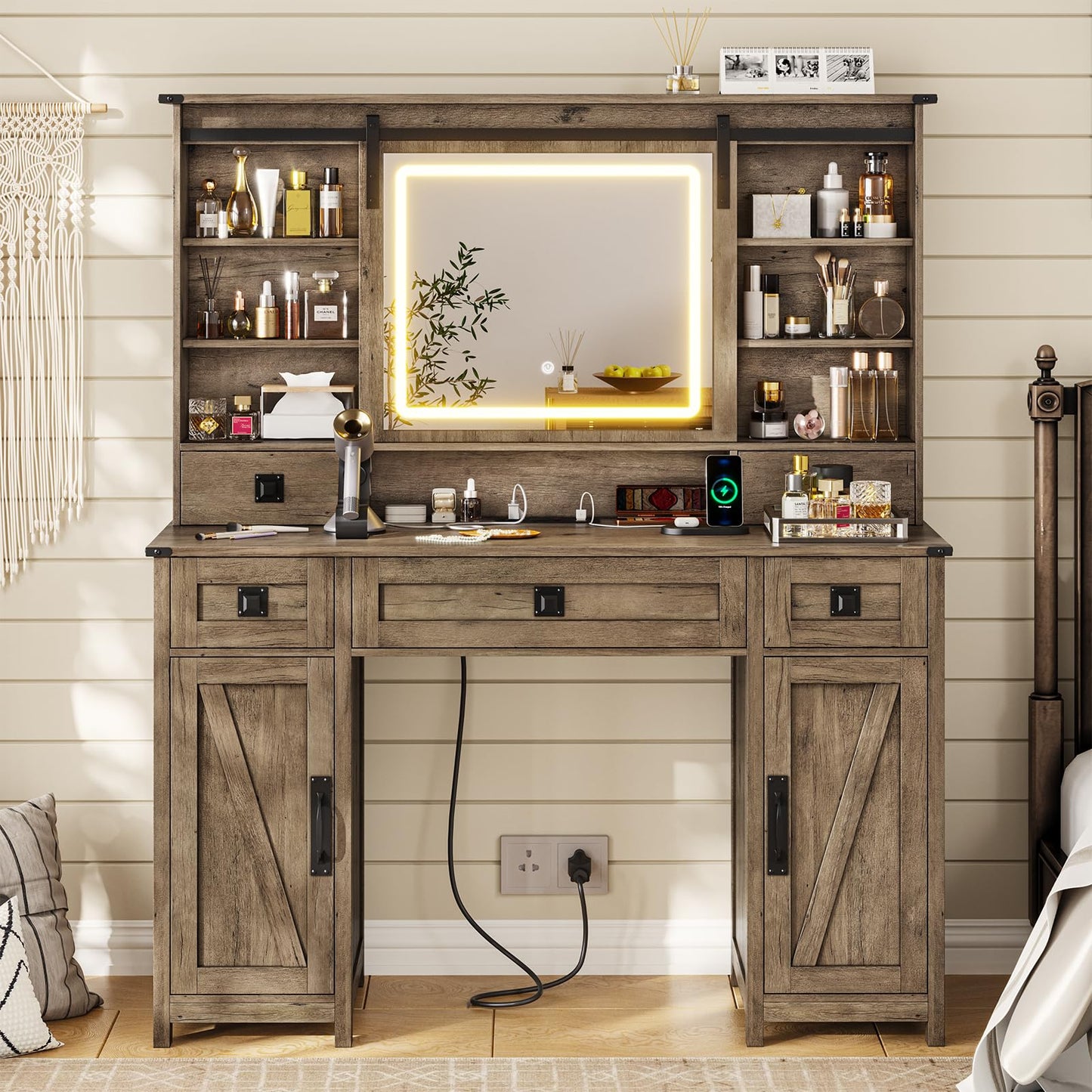 MSmask Vanity Desk with Sliding Lighted Mirror, Makeup Vanity with Lights & Charging Station, Farmhouse Large Vanity Dressing Table with 5 Drawers & Hidden Space, Adjustable Storage Shelves - WoodArtSupply