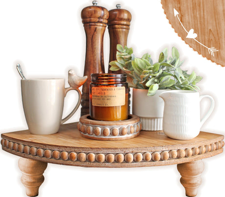 Farmhouse Corner Shelf Stand [with Removable Feet] - Bathroom Countertop Organizer, Decorative Tray Riser, Beaded Wooden Tray, Corner Plant Stand, Coffee Bar Organizer or Kitchen Countertop Organizer Felt Creative Home Goods