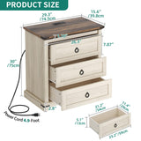 YITAHOME Farmhouse 3-Drawer Nightstand with Built-in USB Charging Ports, Open Shelf Storage Cabinet End Table for Sofa & Bed, Off-White & Walnut Grain Finish YITAHOME