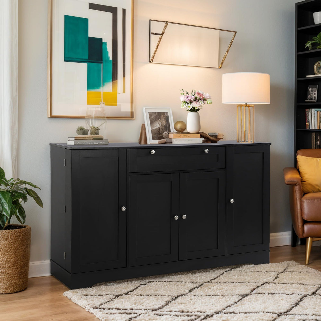 MAIBH 54" Buffet Cabinet with Drawer, Modern Kitchen Pantry Sideboard Storage Cabinets with 4 Doors and Adjustive Shelves, Coffee Bar Cabinet Buffet Table with Large Storage for Living Room (Black) MAIBH