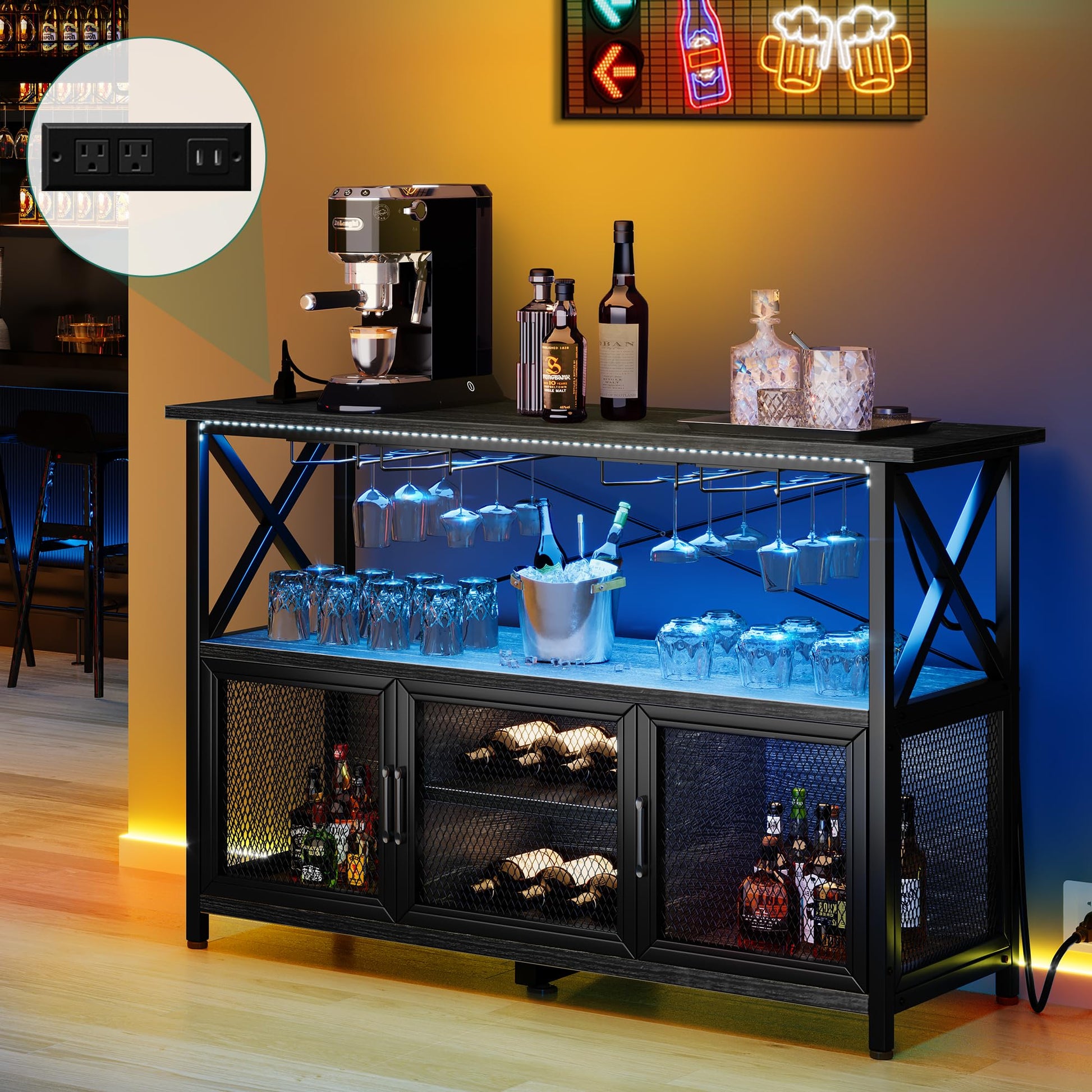 YITAHOME 55" Bar Cabinet with LED Lights, Wine Cabinet with Power Outlet, Bar Table Stand with Wine Rack, Storage Cabinets, Adjustable Shelf, Black Oak - WoodArtSupply