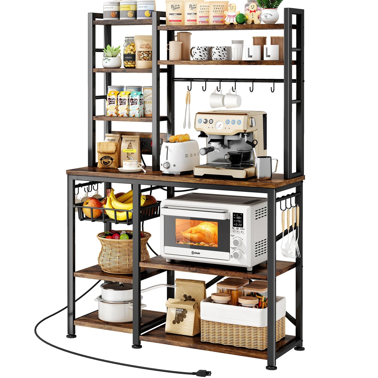 Baker Rack with Power Outlet - Microwave Stand with Storage, Large Coffee Bar Station with 14 Hooks, Metal Kitchen Shelf Rack for Spices, Pots, Rustic Brown and Black