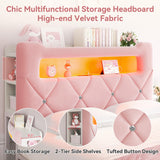 Queen Upholstered LED Bed Frame with 2 Storage Drawers and 2-Tier Storage Headboard,Velvet Princess Platform Bed with Charging Station & Bookcase, Corner Bed Frame, Heavy Duty Metal Support, Pink Jocoevol