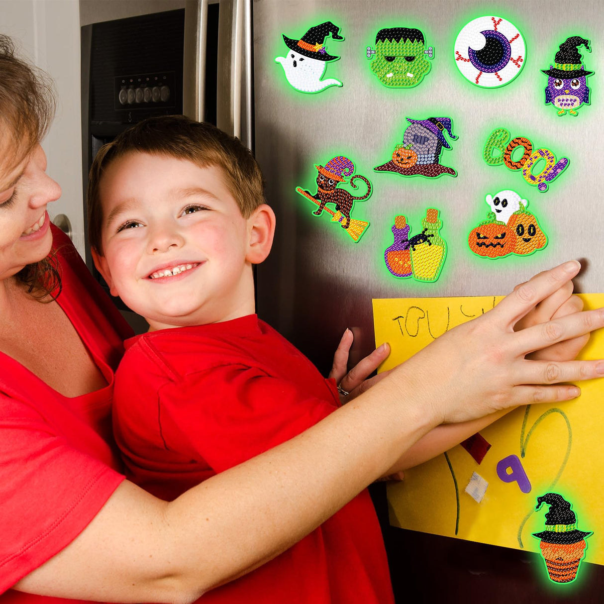 Motipuns 30 Pcs Luminous Halloween Diamond Painting Magnets Kits Glow in The Dark Diamond Art Fridge Magnet Refrigerator Sticker for Beginners Kid Adults Home Decors DIY Art Craft Gifts Motipuns