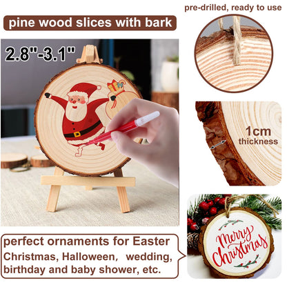 Wood Slices 32 Pcs 2.8-3.1 Inch, Natural Unfinished Wood Rounds Slice Ornaments, Round Craft Wood Kit Predrilled Wood Circles for DIY Crafts Christmas Wedding Centerpieces Wooden Coasters Burning