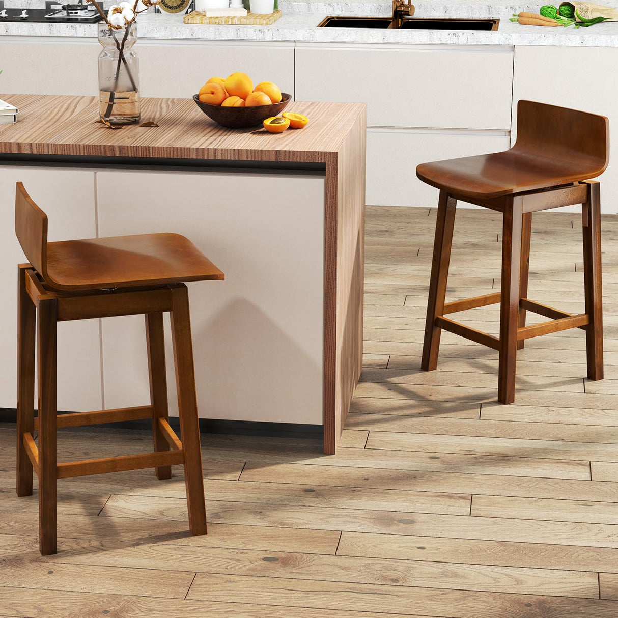 Giantex Swivel Bar Stools Set of 4, 24.5" Counter Height Wooden Bar Chairs w/Rubber Wood Legs, Low Back, Footrest, Farmhouse Armless Barstools for Kitchen Island Dining Room Pub Breakfast, Walnut Giantex