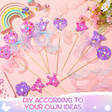 Juexica 20 Pcs Princess Fairy Wands Kit Include 6 Styles Unfinished Wooden Princess Accessories, 4 Pcs Gem Stickers, 4 Rolls Ribbons Make Your Own Fairy Wands for Kids Birthday Party (Pink, Purple) Juexica