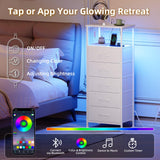 Somdot White Nightstand with Charging Station and LED Light for Bedroom, Tall 5 Drawers Dresser with Fabric Bins for Bedside Kids Dorm Room Closet Laundry Entryway, White Leather Somdot