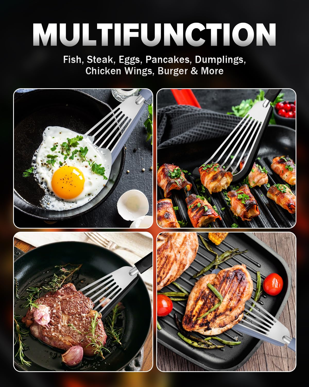 Silicone Fish Spatula Turner Set of 2, Thin Slotted Spatulas Turner for Nonstick Cookware,Heat Resistant Flexible Stainless Steel Kitchen Cooking Spatula Flipper for Fish, Egg, Pancake DaiRen Kitchen