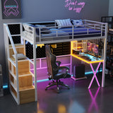 MERITLINE Twin Gaming Loft Bed with Desk and Storage Wardrobe& LED RGB,Metal Gaming Bed with Stairs and Storage Case,for Adults Teens MERITLINE